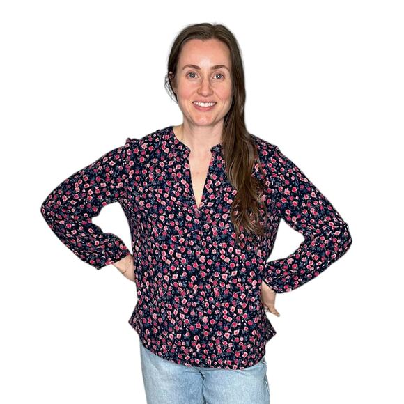 J CREW Blue Pink Floral Pattern Open Neck Popover Blouse Women's Size Medium - Picture 2 of 7